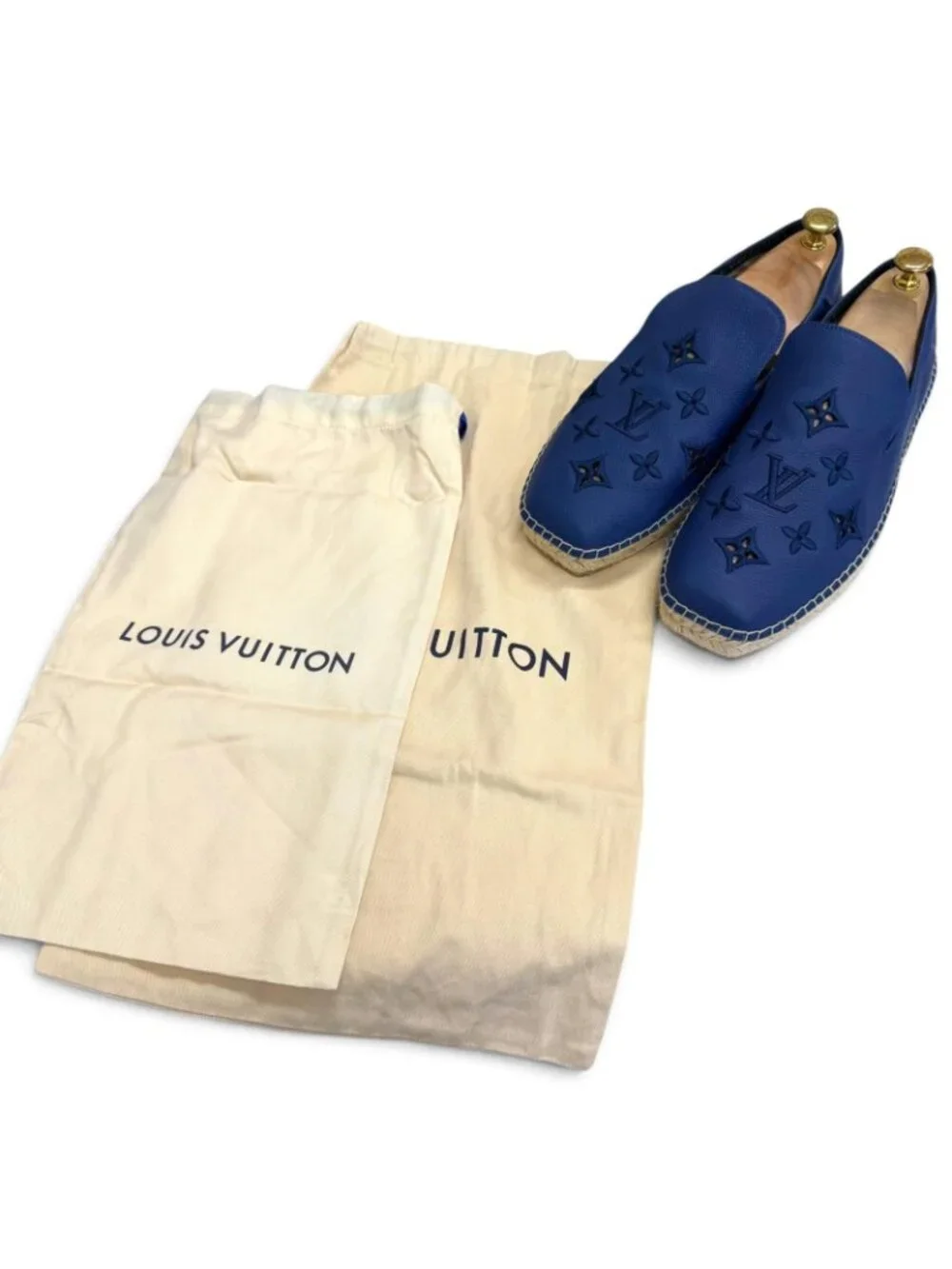 Louis Vuitton Leather Monogram Logo Embroidery Espadrilles Slip Ons Navy 8.5